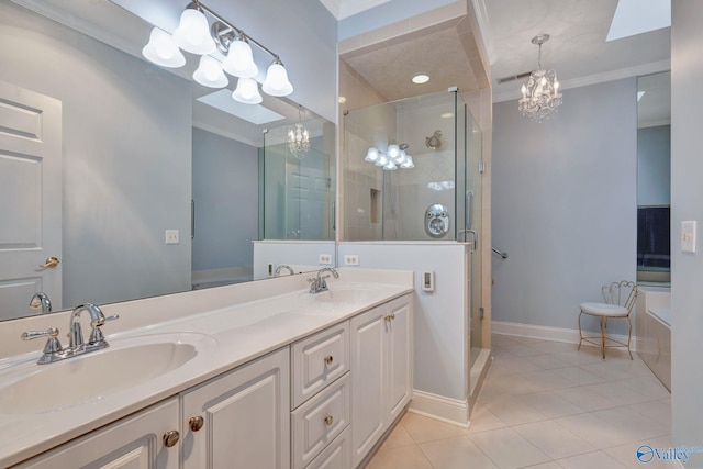 bathroom featuring vanity, tile patterned floors, crown molding, separate shower and tub, and a chandelier