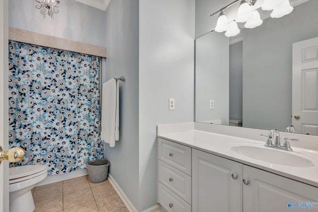 bathroom with tile patterned floors, a shower with curtain, vanity, crown molding, and toilet