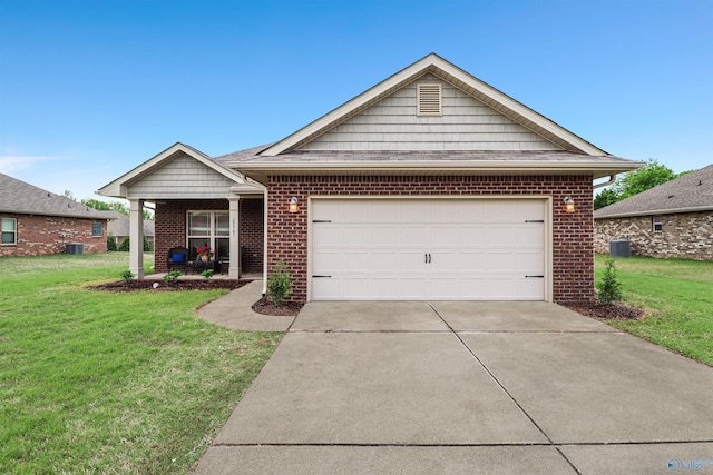single story home with a front yard, a garage, concrete driveway, and brick siding