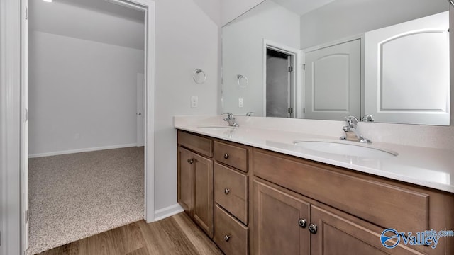 bathroom with double vanity, wood finished floors, baseboards, and a sink