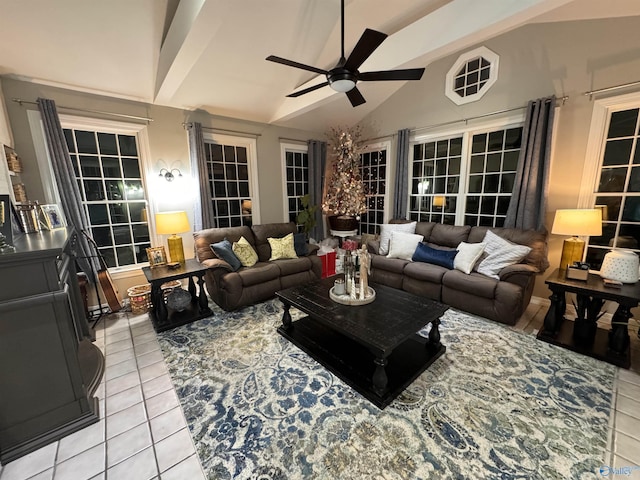 tiled living room featuring ceiling fan, beam ceiling, and high vaulted ceiling