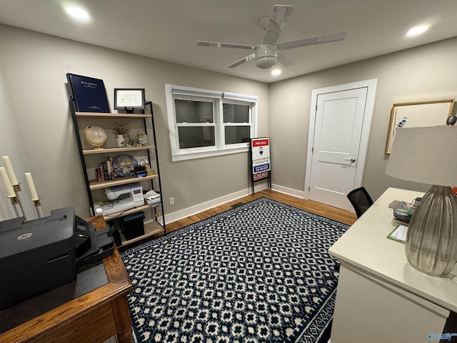 home office featuring ceiling fan and wood-type flooring