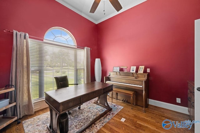 219 Sharp Dr, Gadsden, AL 35903 - office featuring ornamental molding, a ceiling fan, wood finished floors, and baseboards