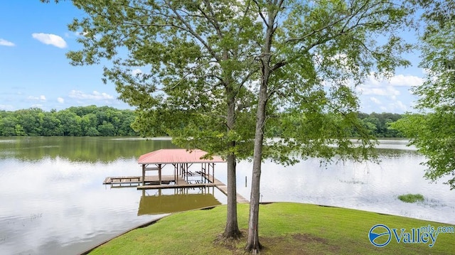 219 Sharp Dr, Gadsden, AL 35903 - dock with a water view, boat lift, a yard, and a forest view