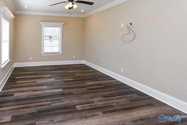 unfurnished room featuring baseboards, ornamental molding, dark wood finished floors, and recessed lighting