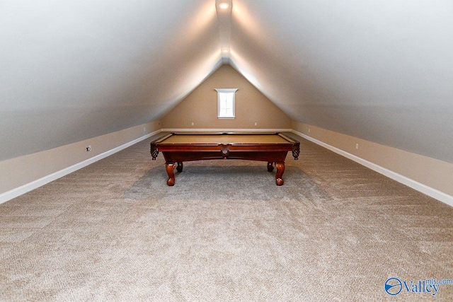 playroom with lofted ceiling, baseboards, and carpet floors