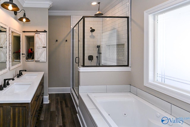 bathroom featuring a shower stall, ornamental molding, and a sink