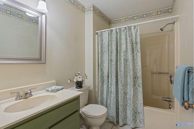 full bathroom with vanity, a textured ceiling, shower / tub combo with curtain, and toilet