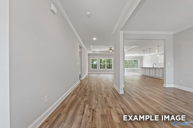 unfurnished living room featuring ceiling fan, light hardwood / wood-style floors, ornamental molding, and sink