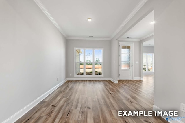 interior space featuring a wealth of natural light, crown molding, and light wood-type flooring