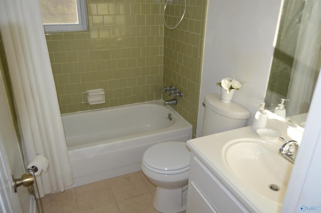 full bathroom with vanity, shower / bath combo with shower curtain, tile patterned floors, and toilet