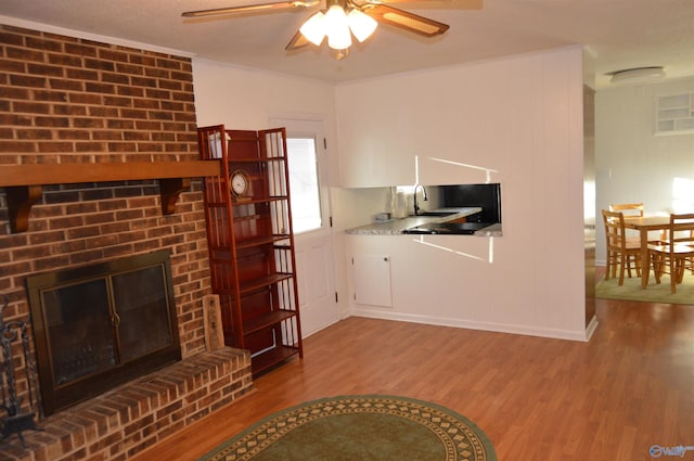 living room featuring a fireplace, ceiling fan, sink, and light hardwood / wood-style flooring