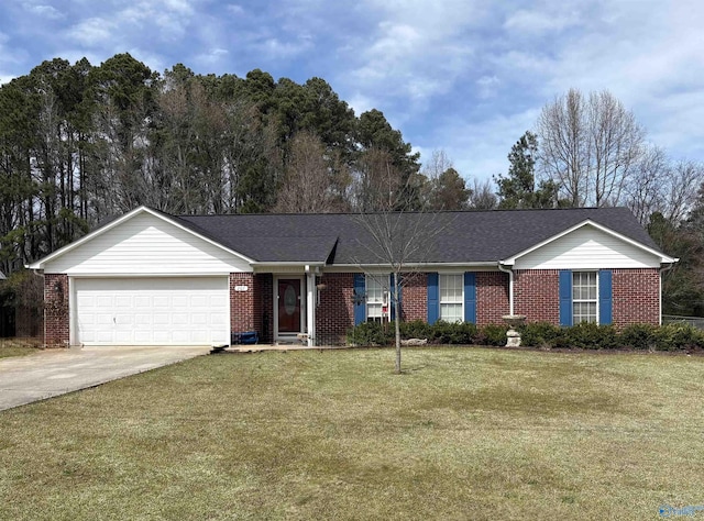 207 Brook Wind Dr, Hazel Green, AL 35750 - ranch-style home with an attached garage, brick siding, a front yard, and concrete driveway