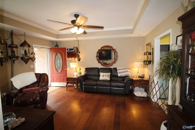 207 Brook Wind Dr, Hazel Green, AL 35750 - living room with hardwood / wood-style floors, ornamental molding, ceiling fan, and a tray ceiling