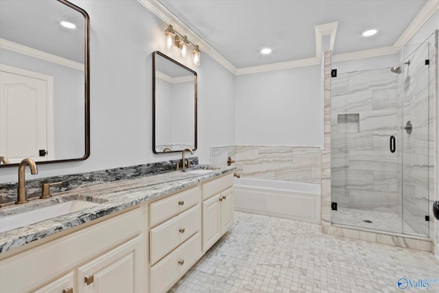 bathroom featuring tile patterned flooring, vanity, independent shower and bath, and ornamental molding