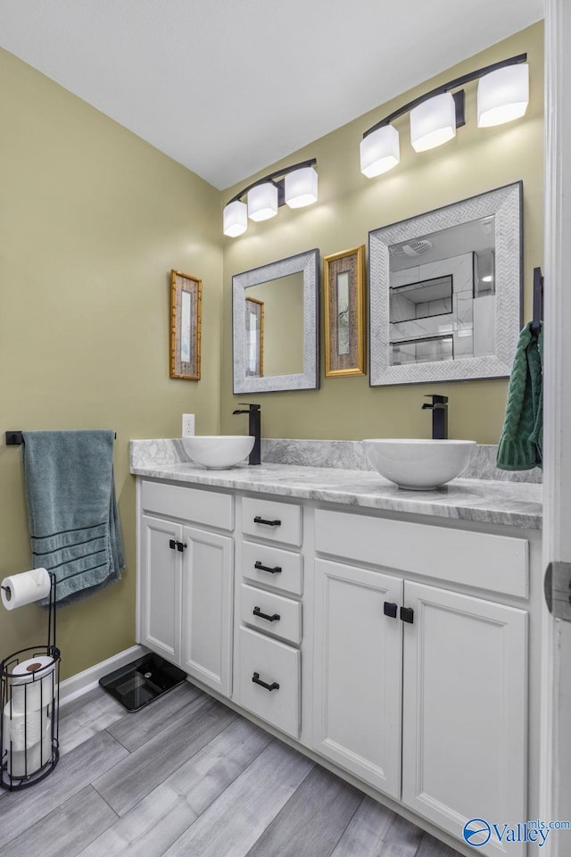 bathroom with a sink, double vanity, and wood finished floors