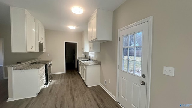 kitchen with dark wood-style floors, a sink, stainless steel range with electric stovetop, and white cabinetry