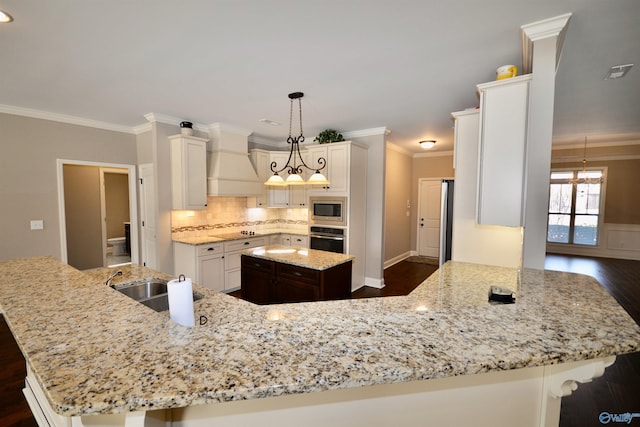 kitchen with tasteful backsplash, crown molding, dark wood finished floors, custom range hood, and appliances with stainless steel finishes