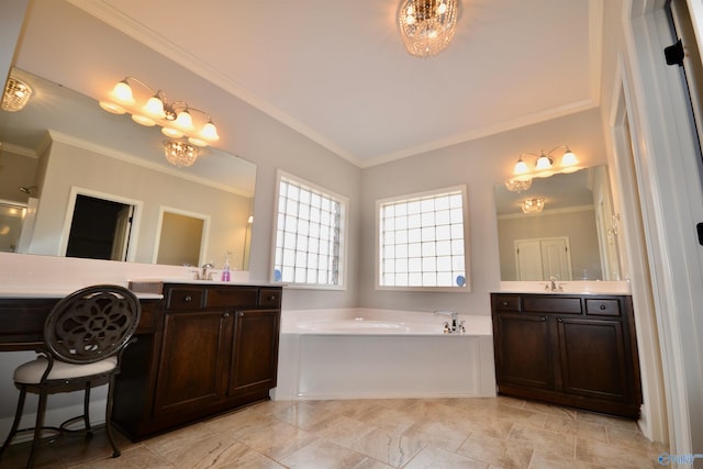 bathroom featuring two vanities, a bath, and crown molding