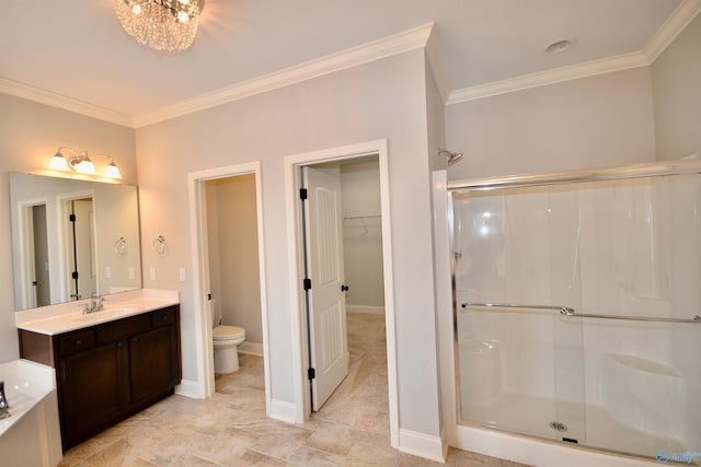 full bathroom featuring a stall shower, toilet, baseboards, and ornamental molding