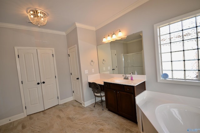 bathroom with vanity, baseboards, a shower stall, crown molding, and a bath