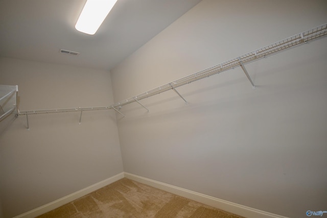 spacious closet featuring visible vents and light colored carpet