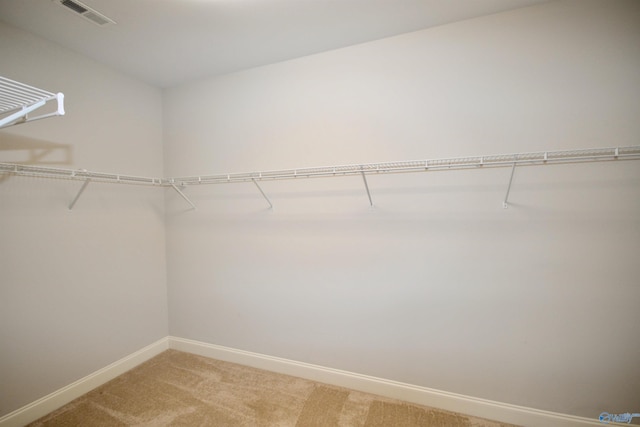 spacious closet featuring light colored carpet and visible vents