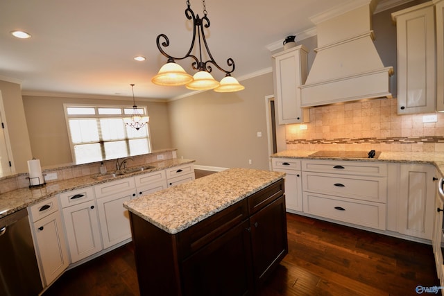 kitchen with a sink, custom range hood, stainless steel dishwasher, crown molding, and black electric stovetop