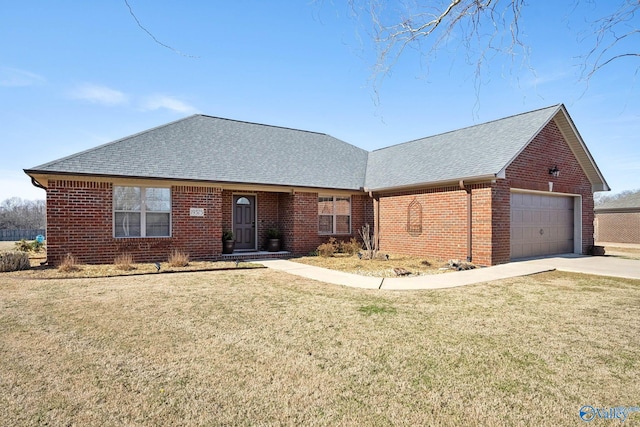 view of front of house featuring brick siding, an attached garage, a front lawn, and roof with shingles