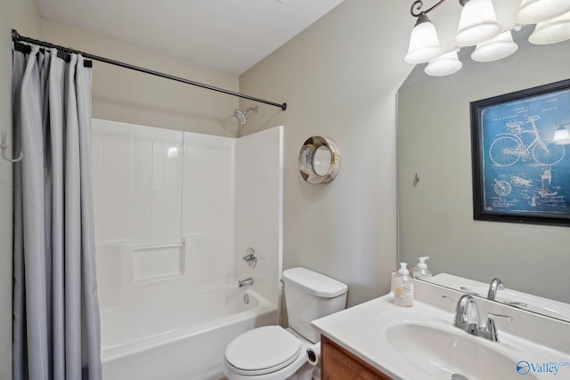 bathroom with toilet, shower / bath combination with curtain, and vanity