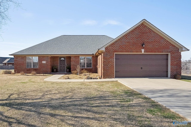 single story home featuring driveway, a shingled roof, an attached garage, a front lawn, and brick siding