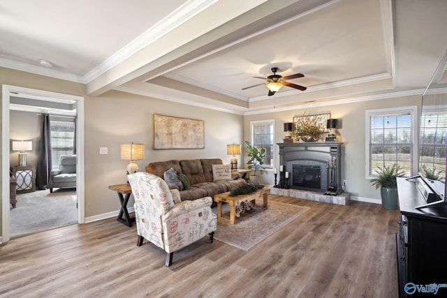 living area with a wealth of natural light, a tray ceiling, and wood finished floors