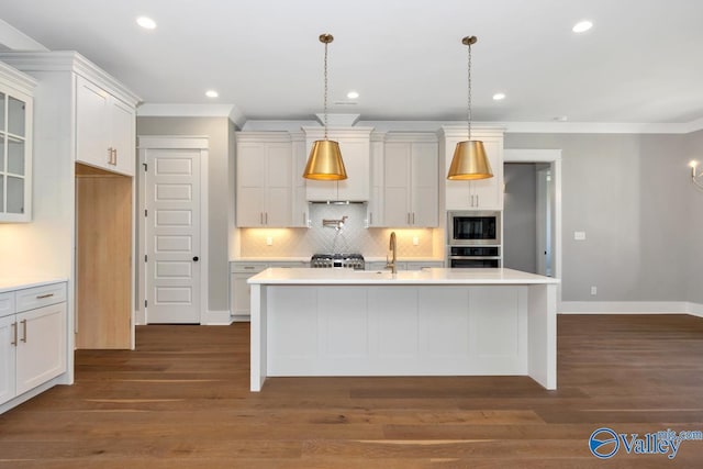 22938 Gunner Cir, Athens, AL 35613 - kitchen featuring built in microwave, oven, ornamental molding, light countertops, and decorative backsplash