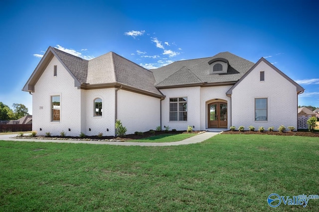 22938 Gunner Cir, Athens, AL 35613 - french country home featuring french doors, brick siding, a front yard, and a shingled roof