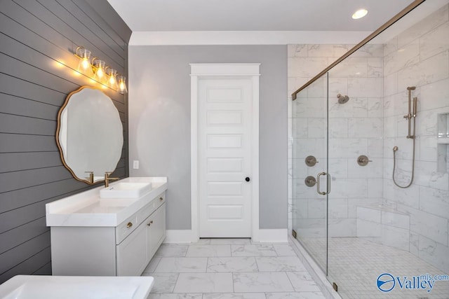 22938 Gunner Cir, Athens, AL 35613 - bathroom with marble look tiles, vanity, a stall shower, recessed lighting, and baseboards