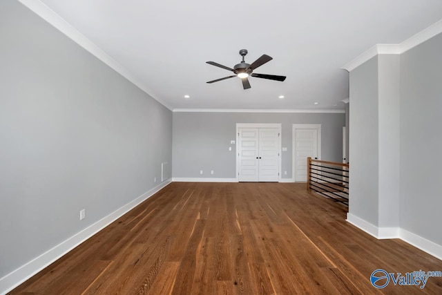 22938 Gunner Cir, Athens, AL 35613 - unfurnished living room featuring ceiling fan, baseboards, ornamental molding, dark wood-style flooring, and recessed lighting