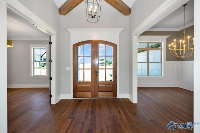 22938 Gunner Cir, Athens, AL 35613 - entrance foyer featuring a chandelier, dark wood-style floors, french doors, and plenty of natural light