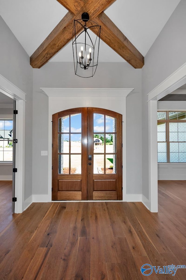 22938 Gunner Cir, Athens, AL 35613 - entrance foyer featuring a chandelier, wood-type flooring, french doors, and baseboards