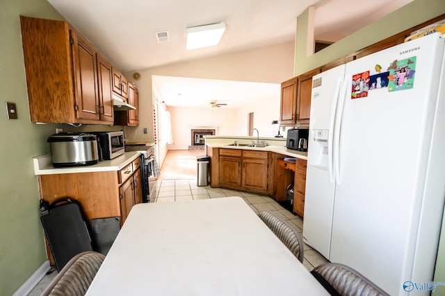 kitchen featuring visible vents, a peninsula, vaulted ceiling, stainless steel appliances, and a sink