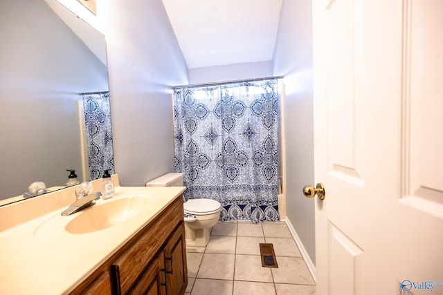 bathroom with toilet, visible vents, vanity, tile patterned floors, and shower / bath combination with curtain