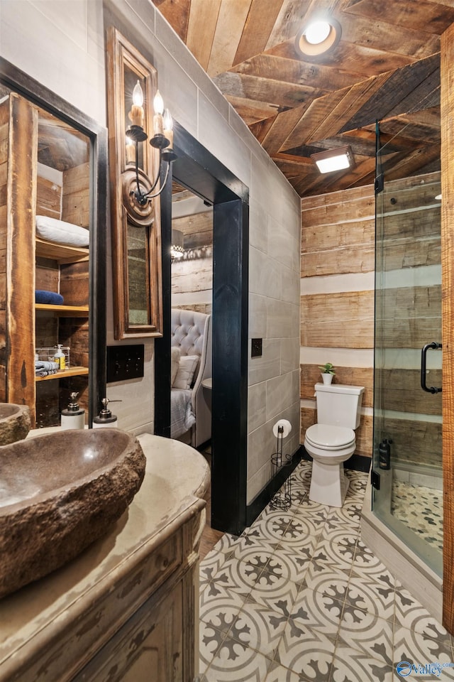 511 Pine Island Cir, Scottsboro, AL 35769 - full bathroom featuring wooden walls, toilet, a shower stall, vanity, and wooden ceiling
