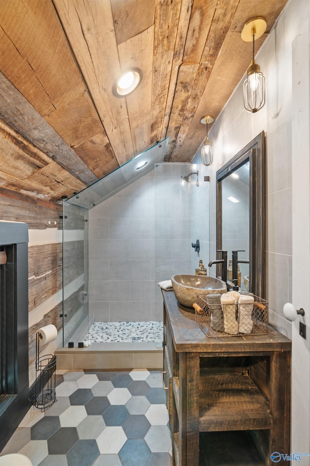 511 Pine Island Cir, Scottsboro, AL 35769 - bathroom with a shower stall, wood ceiling, vanity, and tile patterned floors
