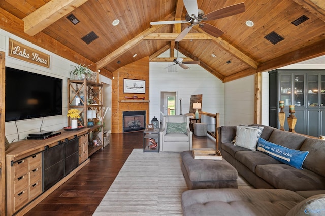 511 Pine Island Cir, Scottsboro, AL 35769 - living room featuring dark wood finished floors, ceiling fan, wood ceiling, wooden walls, and a fireplace