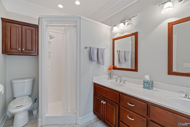 511 Pine Island Cir, Scottsboro, AL 35769 - bathroom with a stall shower, toilet, recessed lighting, crown molding, and double vanity