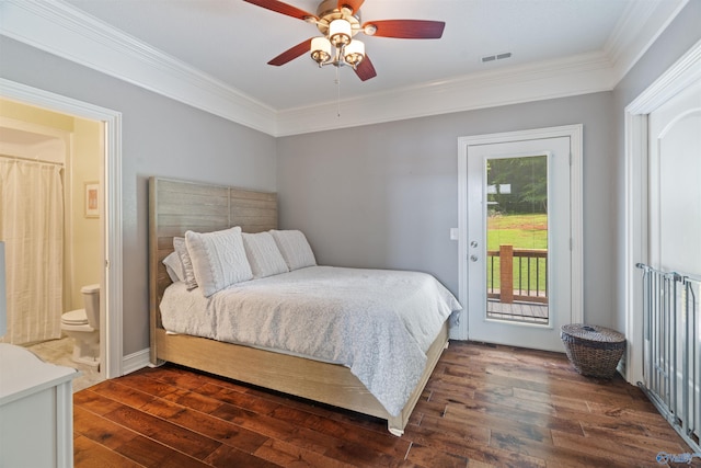 511 Pine Island Cir, Scottsboro, AL 35769 - bedroom with ornamental molding, dark wood-style flooring, access to outside, ensuite bathroom, and ceiling fan