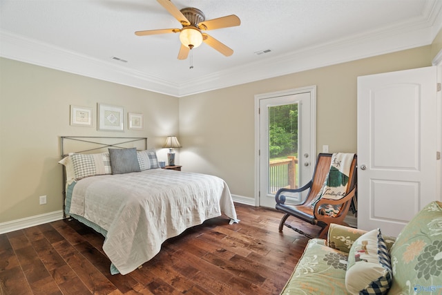 511 Pine Island Cir, Scottsboro, AL 35769 - bedroom with access to outside, ornamental molding, dark wood finished floors, baseboards, and ceiling fan