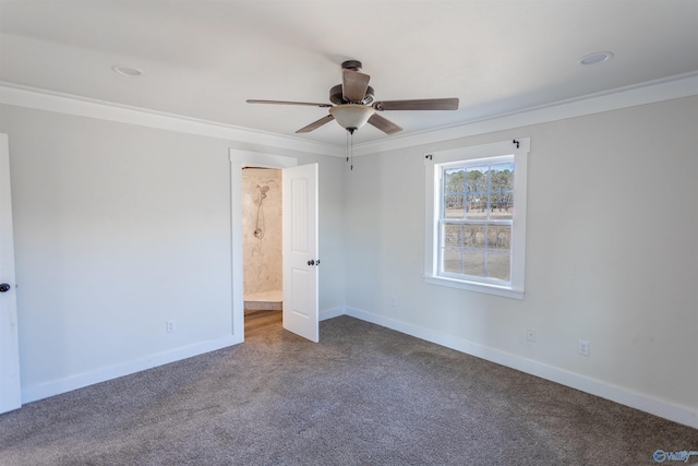 empty room with carpet, ceiling fan, and crown molding