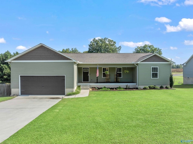 ranch-style house with a front yard, a garage, and a porch