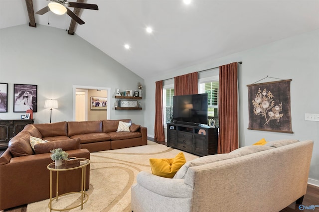 living room featuring beamed ceiling, hardwood / wood-style flooring, high vaulted ceiling, and ceiling fan