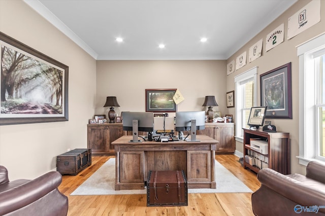 23784 Old Homeplace Way, Athens, AL 35613 - office area featuring light wood finished floors, plenty of natural light, recessed lighting, and crown molding